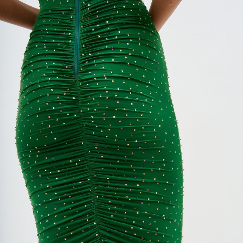 New NWT Alex Perry Ruched Crystal Skirt in Emerald embellished ruched bodycon - Picture 4 of 15